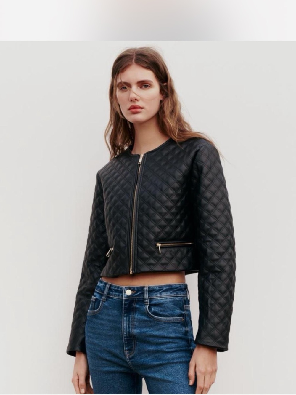Zara Quilted Black Bomber Jacket with Gold Accents